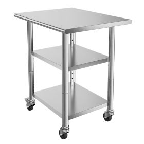 Stainless Steel Work Table, 24x30 Inch Food Prep Table with 2 Shelves and Wheels, Commercial Kitchen Workstation, Metal Heavy Duty Utility Workta