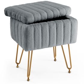Vanity Stool Chair with Storage, Ottoman Faux Fur Soft Padded Makeup Footstools Seat with 4 Metal Legs Anti-Slip Adjustable Feet Modern (Color: Gray)